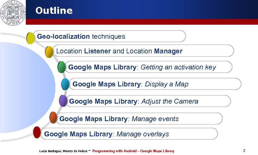 Outline Geo-localization techniques Location Listener and Location Manager Google Maps Library: Getting an activation