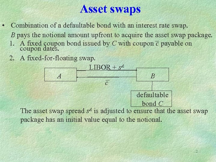 Asset swaps • Combination of a defaultable bond with an interest rate swap. B