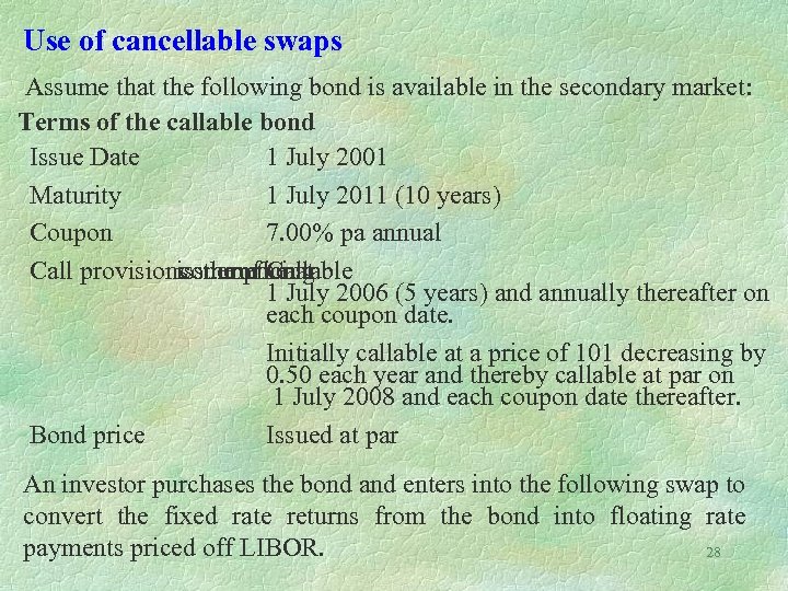 Use of cancellable swaps Assume that the following bond is available in the secondary