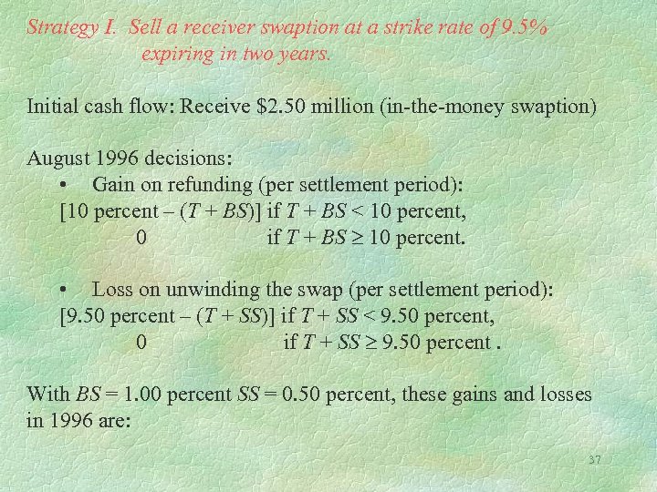 Strategy I. Sell a receiver swaption at a strike rate of 9. 5% expiring