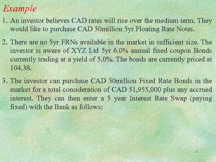 Example 1. An investor believes CAD rates will rise over the medium term. They