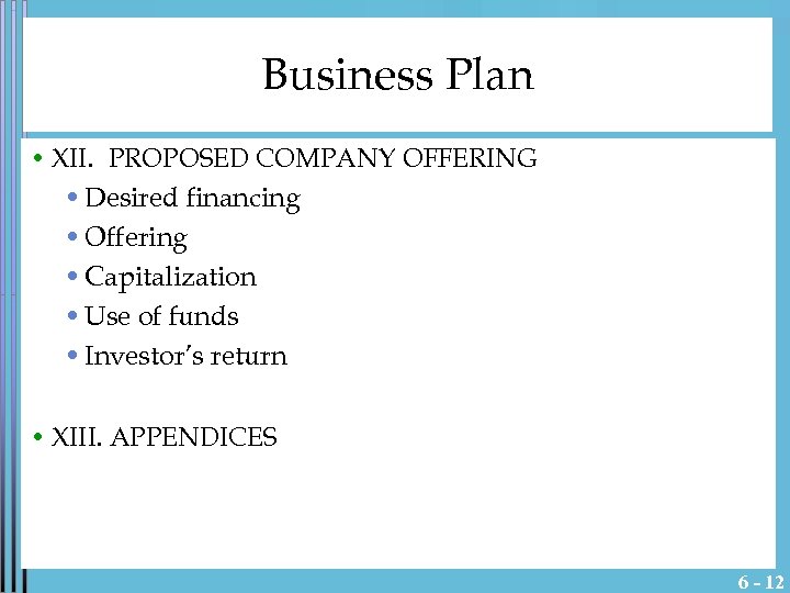 Business Plan • XII. PROPOSED COMPANY OFFERING • Desired financing • Offering • Capitalization