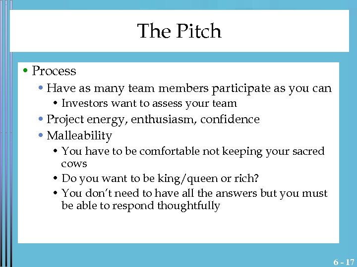 The Pitch • Process • Have as many team members participate as you can