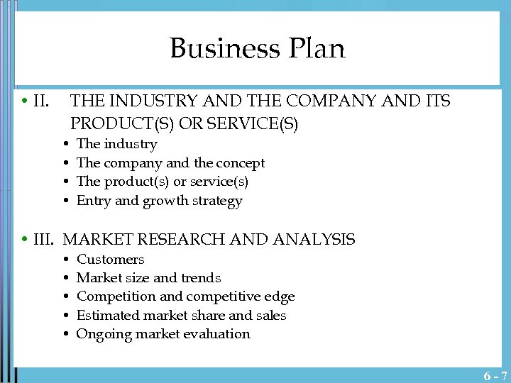 Business Plan • II. THE INDUSTRY AND THE COMPANY AND ITS PRODUCT(S) OR SERVICE(S)