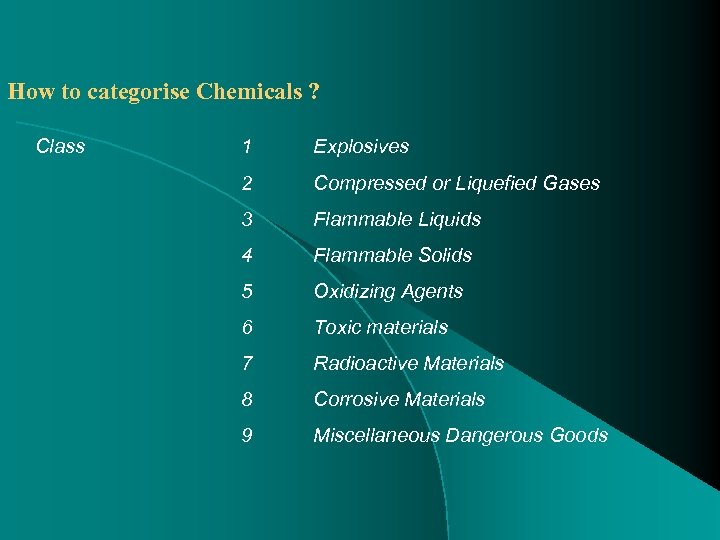 How to categorise Chemicals ? Class 1 2 3 Explosives Compressed or Liquefied Gases