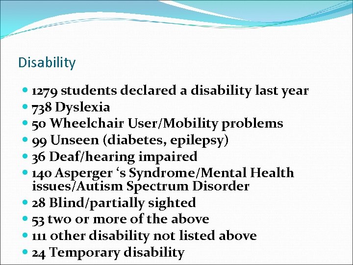 Disability 1279 students declared a disability last year 738 Dyslexia 50 Wheelchair User/Mobility problems