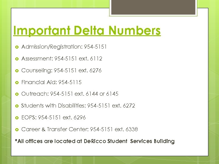 Important Delta Numbers Admission/Registration: 954 -5151 Assessment: 954 -5151 ext. 6112 Counseling: 954 -5151