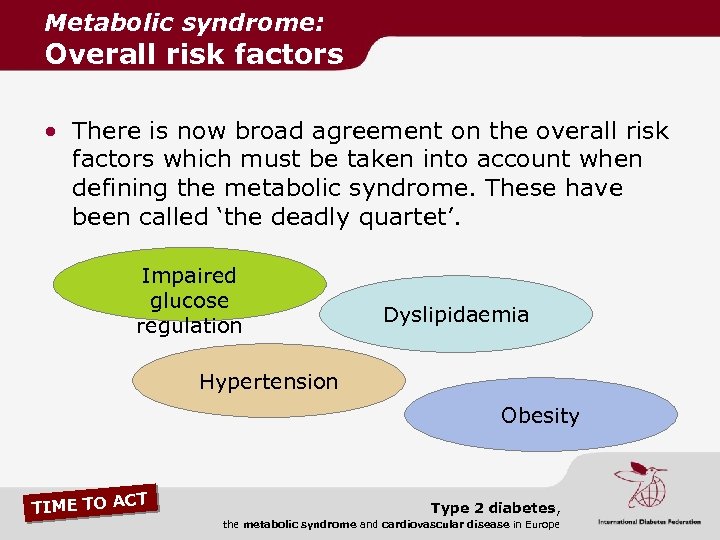 Metabolic syndrome: Overall risk factors • There is now broad agreement on the overall