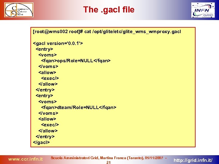 The. gacl file [root@wms 002 root]# cat /opt/glite/etc/glite_wms_wmproxy. gacl <gacl version='0. 0. 1'> <entry>