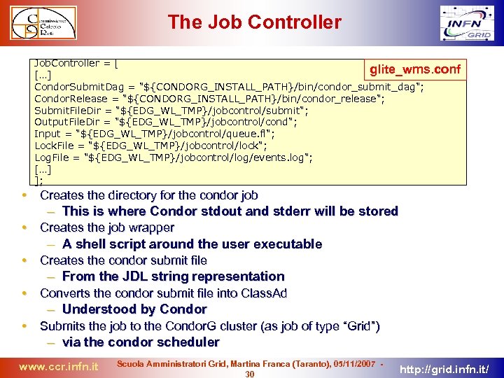 The Job Controller Job. Controller = [ glite_wms. conf […] Condor. Submit. Dag =