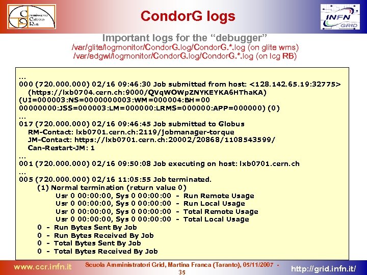 Condor. G logs Important logs for the “debugger” /var/glite/logmonitor/Condor. G. log/Condor. G. *. log