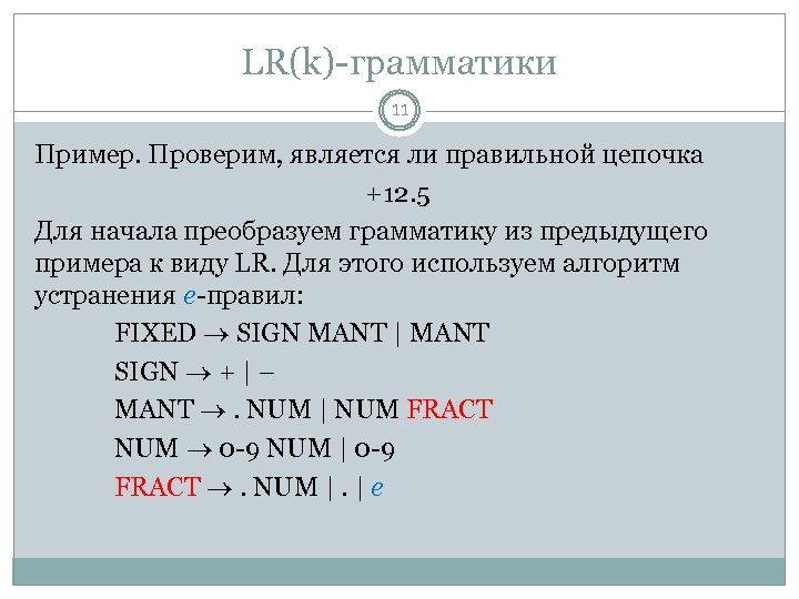 LR(k)-грамматики 11 Пример. Проверим, является ли правильной цепочка +12. 5 Для начала преобразуем грамматику
