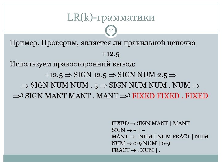 LR(k)-грамматики 14 Пример. Проверим, является ли правильной цепочка +12. 5 Используем правосторонний вывод: +12.
