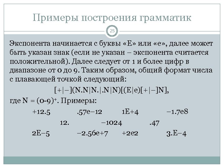 Примеры построения грамматик 25 Экспонента начинается с буквы «E» или «e» , далее может