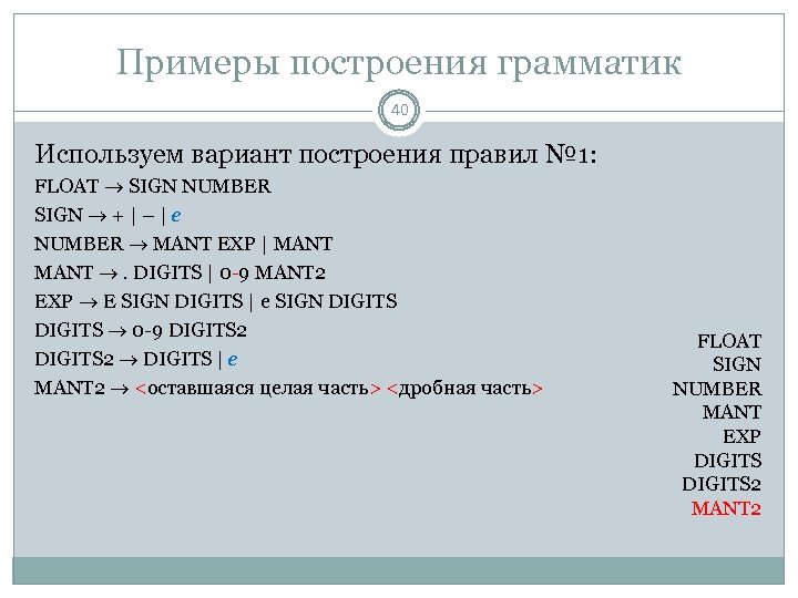 Примеры построения грамматик 40 Используем вариант построения правил № 1: FLOAT SIGN NUMBER SIGN