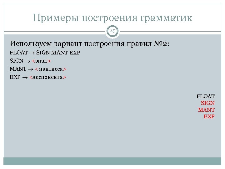 Примеры построения грамматик 45 Используем вариант построения правил № 2: FLOAT SIGN MANT EXP