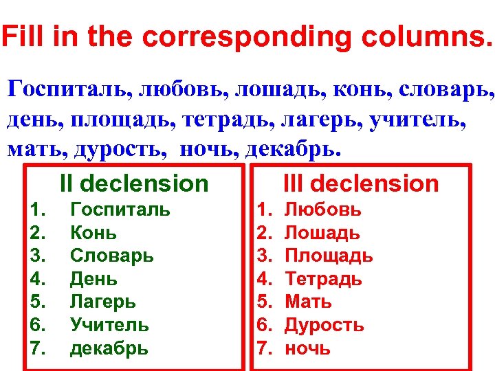 Fill in the corresponding columns. Госпиталь, любовь, лошадь, конь, словарь, день, площадь, тетрадь, лагерь,
