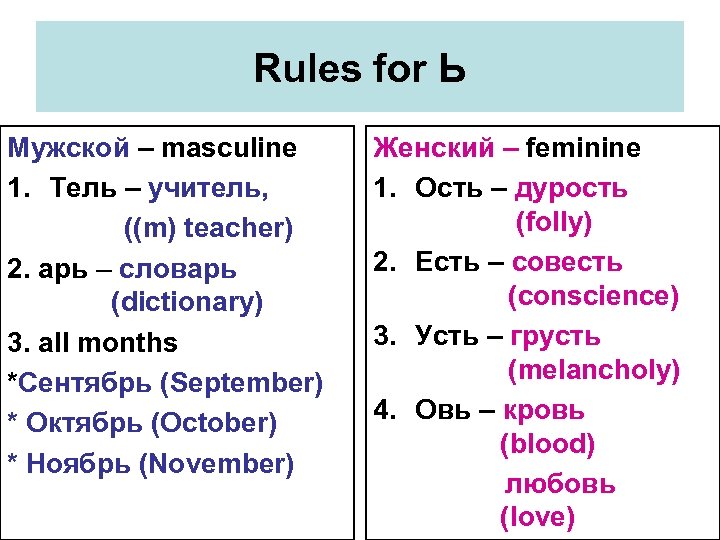 Rules for Ь Мужской – masculine 1. Тель – учитель, ((m) teacher) 2. арь