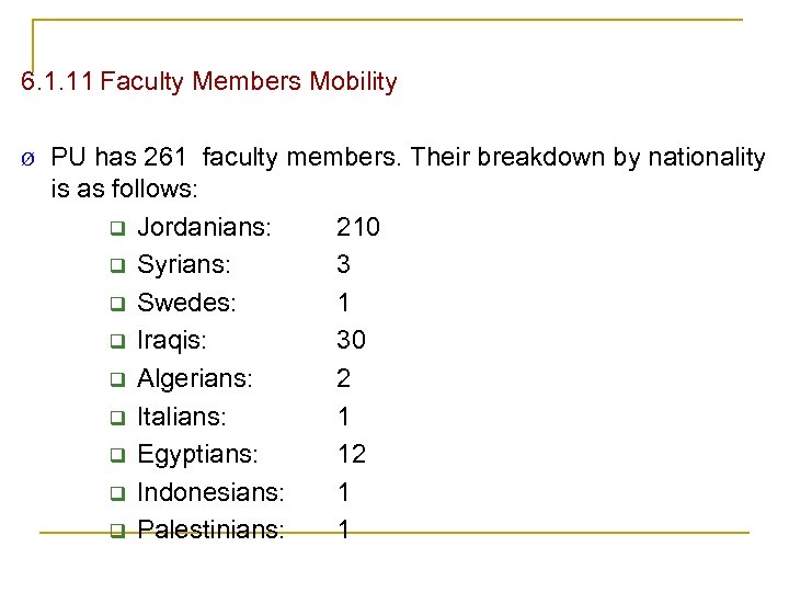 6. 1. 11 Faculty Members Mobility Ø PU has 261 faculty members. Their breakdown