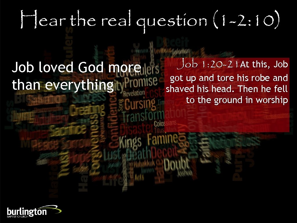Hear the real question (1 -2: 10) Job loved God more than everything Job