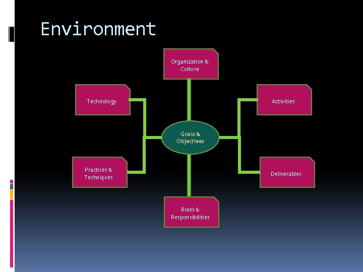 Environment Organization & Culture Technology Activities Goals & Objectives Practices & Techniques Deliverables Roles