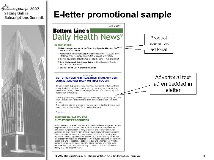 E-letter promotional sample Product teased as editorial Advertorial text ad embedded in eletter More