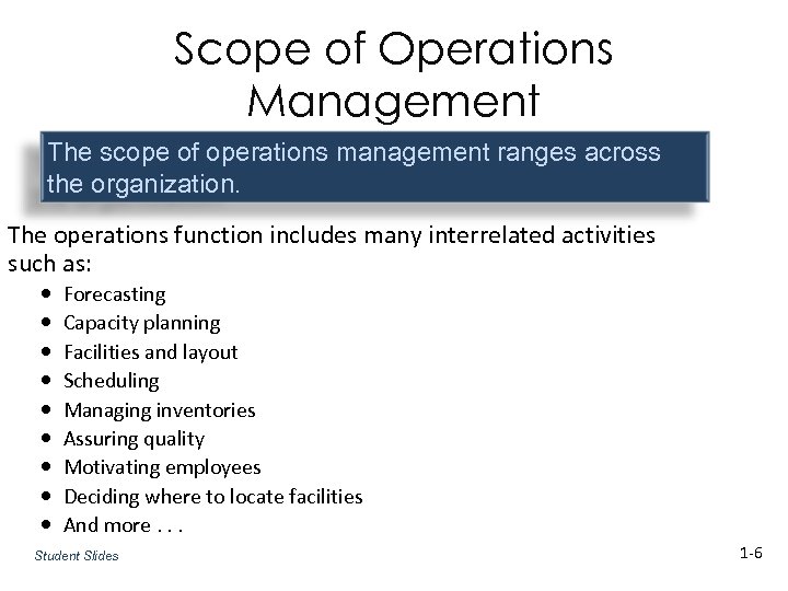 Scope of Operations Management The scope of operations management ranges across the organization. The