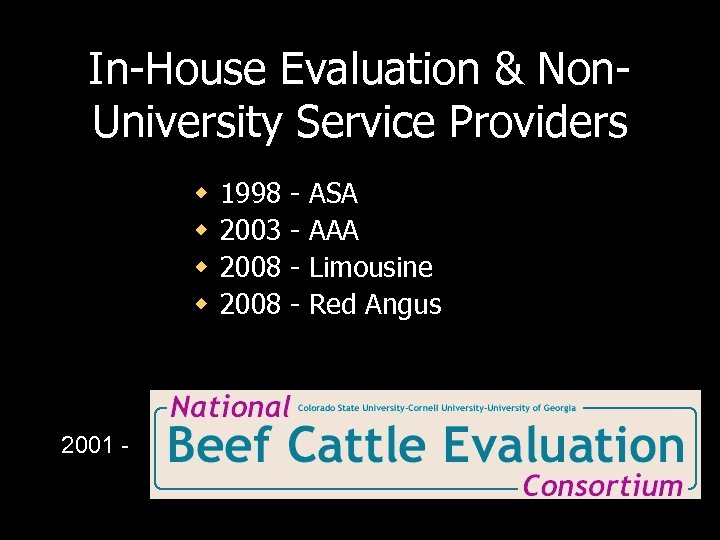 In-House Evaluation & Non. University Service Providers w w 2001 - 1998 2003 2008