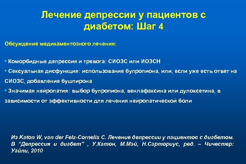 Лечение депрессии у пациентов с диабетом: Шаг 4 Обсуждение медикаментозного лечения: • Коморбидные депрессия