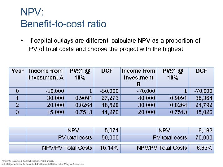 NPV: Benefit-to-cost ratio • If capital outlays are different, calculate NPV as a proportion