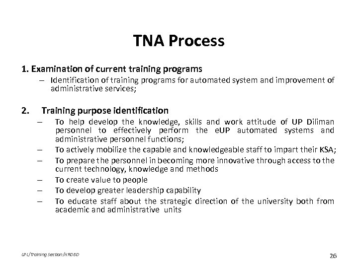 TNA Process 1. Examination of current training programs – Identification of training programs for