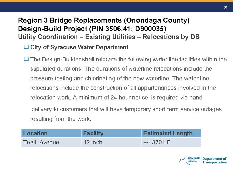 31 Region 3 Bridge Replacements (Onondaga County) Design-Build Project (PIN 3506. 41; D 900035)