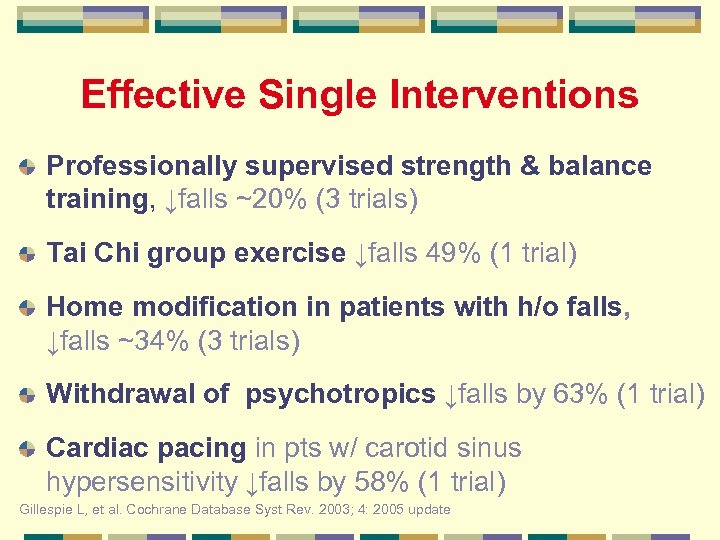 Effective Single Interventions Professionally supervised strength & balance training, ↓falls ~20% (3 trials) Tai