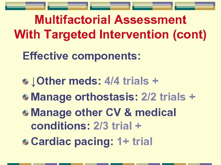 Multifactorial Assessment With Targeted Intervention (cont) Effective components: ↓Other meds: 4/4 trials + Manage
