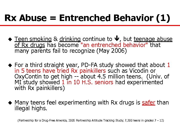 Rx Abuse = Entrenched Behavior (1) u Teen smoking & drinking continue to ,