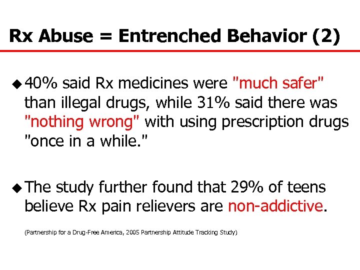 Rx Abuse = Entrenched Behavior (2) u 40% said Rx medicines were "much safer"