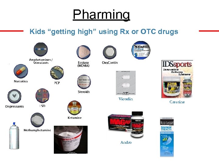 Pharming Kids “getting high” using Rx or OTC drugs Vicodin Andro GHB Creatine 