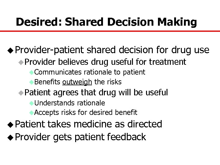 Desired: Shared Decision Making u Provider-patient shared decision for drug use u Provider believes