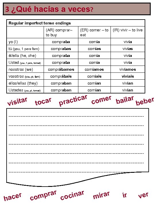 3 ¿Qué hacías a veces? Regular imperfect tense endings (AR) comprar– to buy (ER)