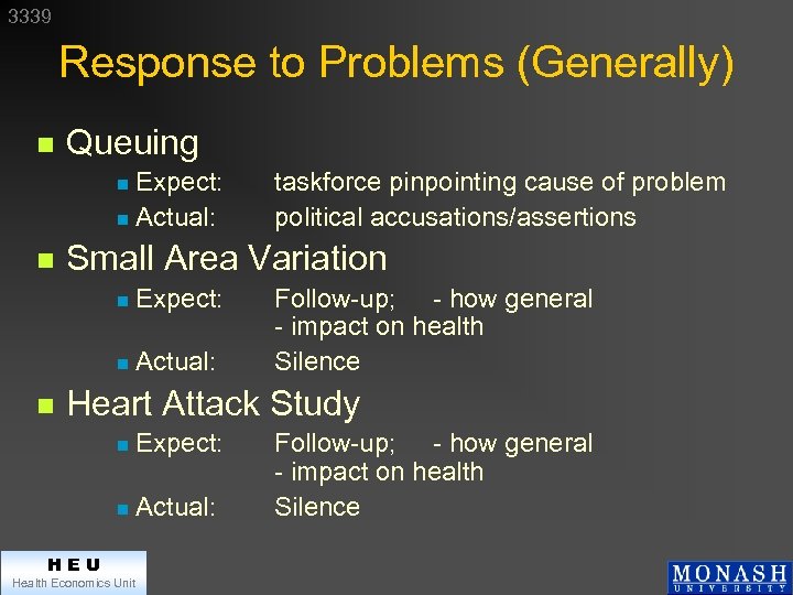 3339 Response to Problems (Generally) n Queuing Expect: n Actual: n n Small Area