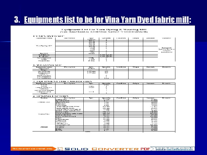 3. Equipments list to be for Vina Yarn Dyed fabric mill: 