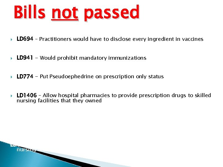Bills not passed LD 694 – Practitioners would have to disclose every ingredient in