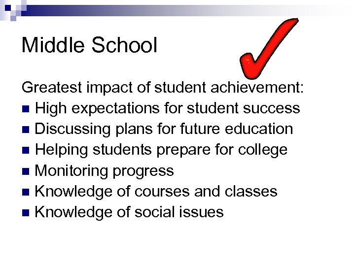 Middle School Greatest impact of student achievement: n High expectations for student success n