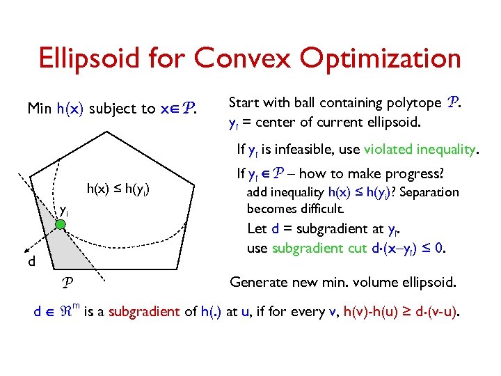 Ellipsoid for Convex Optimization Min h(x) subject to xÎP. Start with ball containing polytope