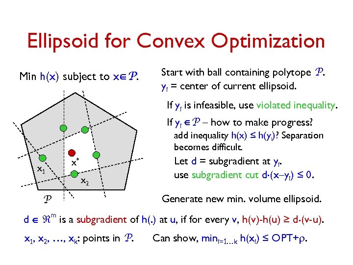 Ellipsoid for Convex Optimization Min h(x) subject to xÎP. Start with ball containing polytope