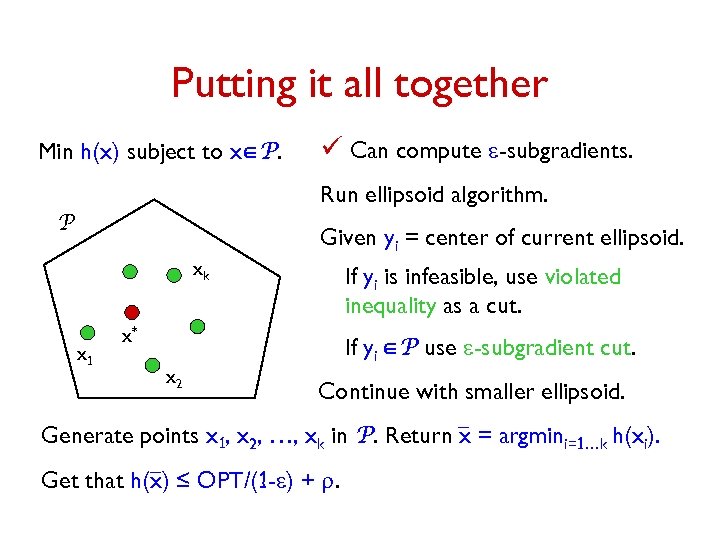 Putting it all together Min h(x) subject to xÎP. ü Can compute e-subgradients. Run