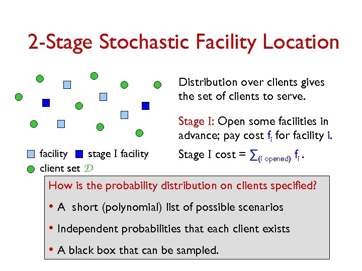 2 -Stage Stochastic Facility Location Distribution over clients gives the set of clients to