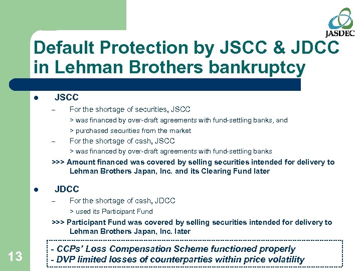 Default Protection by JSCC & JDCC in Lehman Brothers bankruptcy l JSCC – For