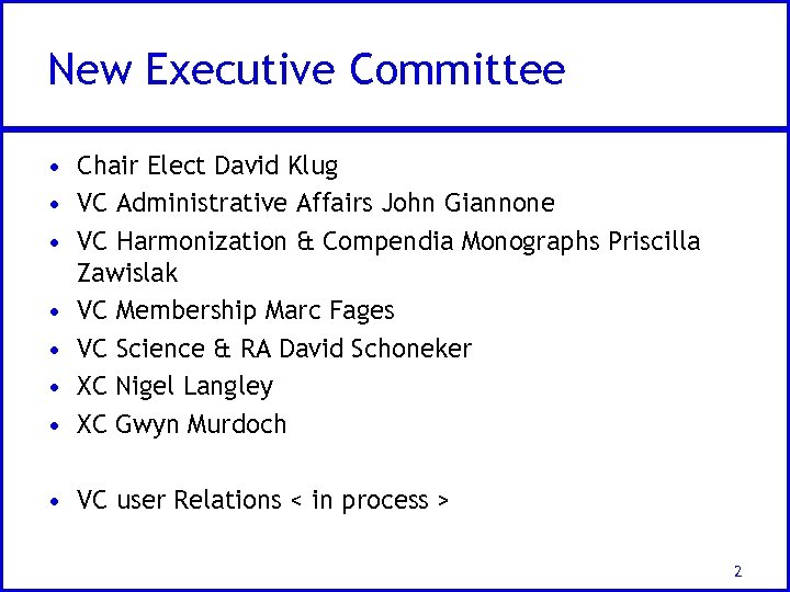 New Executive Committee • Chair Elect David Klug • VC Administrative Affairs John Giannone