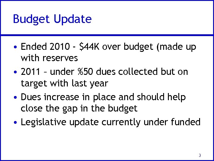 Budget Update • Ended 2010 - $44 K over budget (made up with reserves